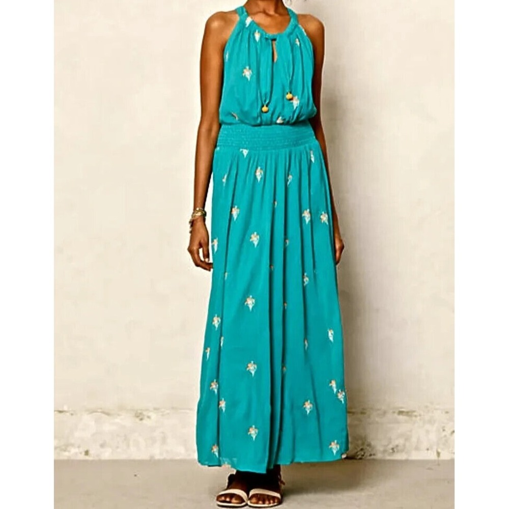 Anthropologie Dress Womens 0 Turquoise Embroidered Smocked Waist Boho Beach Maxi